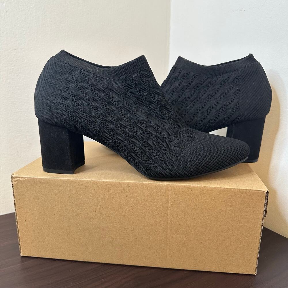 Impo Black Knit Sock Almond Toe Block Heel Ankle Booties, Nettie, Size 10